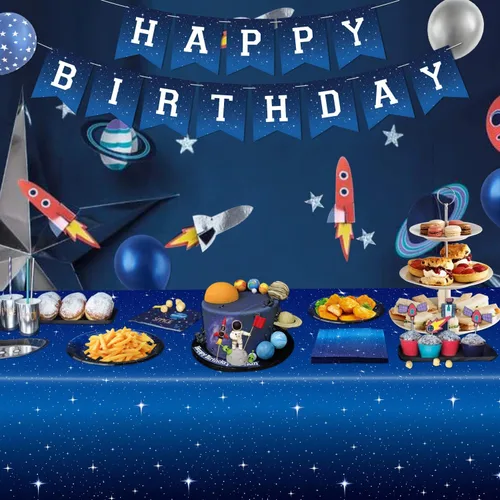 Vista 2 de Juego de 4 manteles de noche estrellada – Mantel rectangular de plástico de 86 x 51 pies, cubierta de mesa temática espacial – Suministros