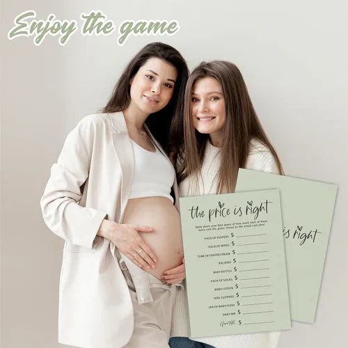 Vista 4 de Juego de Baby Shower "The Price Is Right" - Minimalismo Verde Musgo - 30 Tarjetas de Juego de Doble Cara Estilo Rellenar, Revelación de Género