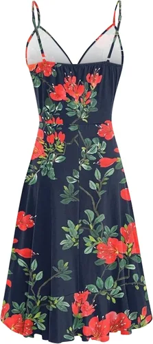Vista 2 de Vestido de verano con tirantes delgados para mujer, estilo casual, con volantes, floral, sin mangas, cuello en V, vestido casual con vuelo