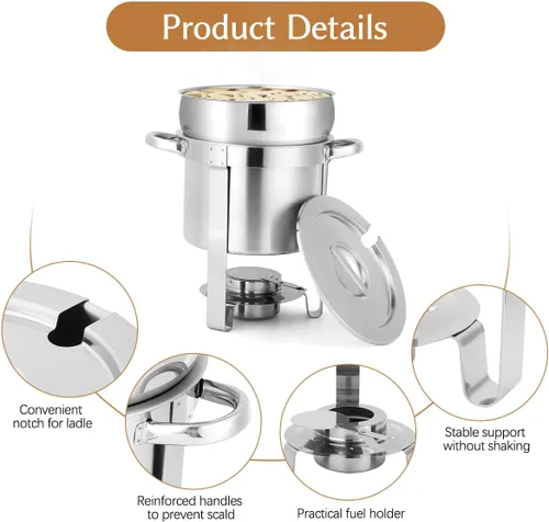Vista 3 de Calentador de sopa redondo de acero inoxidable de 7 cuartos de galón, paquete de 2 Soup Chafer, Include Pot Lid & Fuel Holder, Commercial Soup Pot