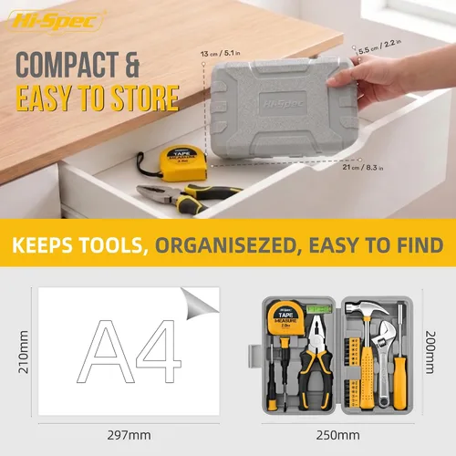 Vista 2 de Hi-Spec Kit de herramientas amarillo 20pc. Kit de herramientas pequeño para reparaciones de bricolaje en el hogar y la oficina. Herramientas