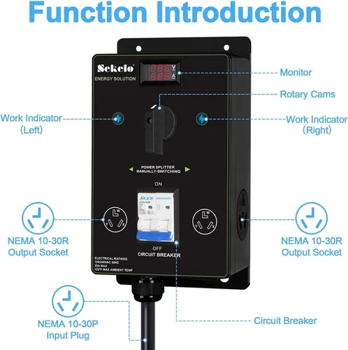 Vista 4 de Interruptor manual de carga EV para secadora y vehículos eléctricos, NEMA 10-30, 240V, 24A 5.76kW potencia máxima divisor, con interruptor