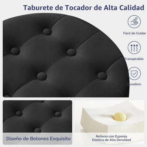 Vista 8 de Furniliving Taburete Otomano de Maquillaje de Terciopelo Acolchado de Mediados de Siglo, Silla Taburete de Tocador Giratoria Redonda Ajustable