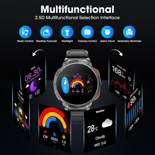 Vista 4 de Reloj Inteligente Militar para Hombres Pantalla Táctil HD de 1.85" Batería de 730mAh Relojes Inteligentes con Linterna LED para Android iOS