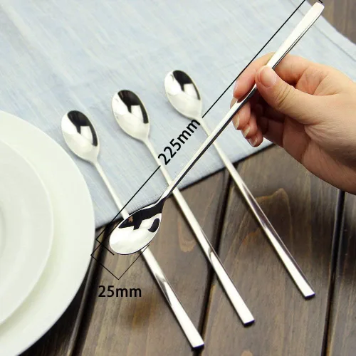 Vista 6 de Juego de utensilios de cocina de madera, 6 cucharas de mango largo de acero inoxidable, para madres, leches, té, mezcla, cóctel, agitación, café