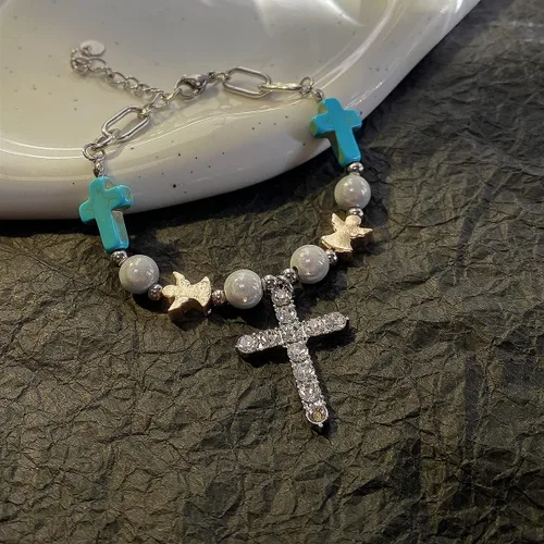 Vista 6 de Pulseras de primera comunión para niñas, para mi hija, nieta, cristiana, cruz cristiana, regalo de bautismo, vintage, turquesa, dijes, joyería