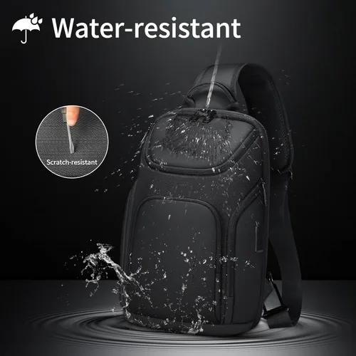 Vista 7 de FENRUIEN Bolsa bandolera negra, bolsa cruzada grande para tableta de 11 pulgadas con USB, mochila bandolera de hombro para hombre, mochila casual