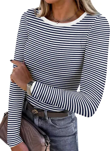 Vista 15 de ANRABESS - Camisetas de manga larga para mujer, de punto acanalado, ajustadas, básicas, 2025, informales, para usar a capas o debajo del uniforme