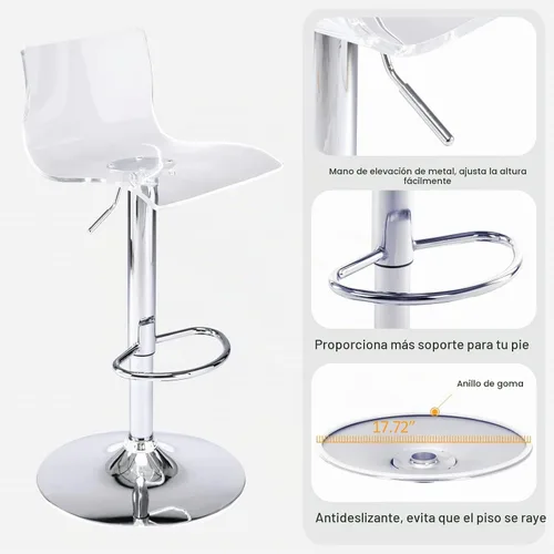 Vista 6 de Taburetes de bar acrílicos con respaldo medio, juego de 2 soportes giratorios ajustables transparentes