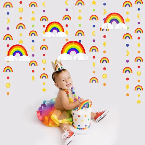 Vista 6 de Decoraciones de fiesta de arco iris, nube 3D, círculo, puntos, estrella, luna, rayo, guirnalda colorida para cumpleaños, baby shower, boda