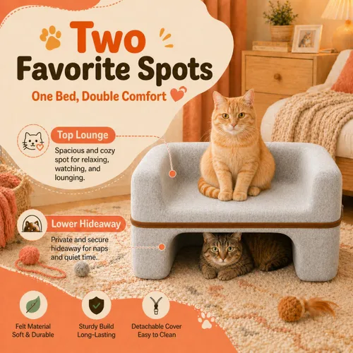 Vista 3 de Cama grande para gatos de interior, cama cueva para gatos de 2 niveles con salón superior y escondite inferior, sofá lavable de fieltro PET