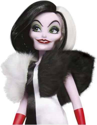 Vista 4 de Disney Muñeca de moda Princess Villains Cruella De Vil, accesorios y ropa extraíble, juguete de villanos de Disney para niños de 5 años en adelante