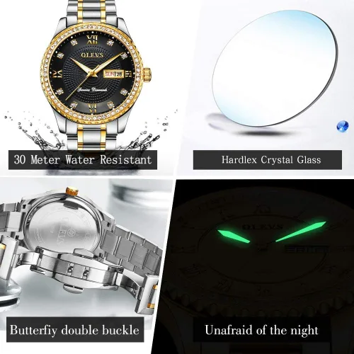Vista 11 de OLEVS - Relojes de diamantes para hombres, relojes de vestir a prueba de agua, relojes analógicos de cuarzo de lujo con calendario de fecha y correa
