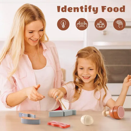 Vista 13 de ROBUD Juego de Comida de Madera para Jugar, Alimentos de Juguete para Cortar para Cocina de Simulación de Niños, Accesorios de Juguete de Cocina
