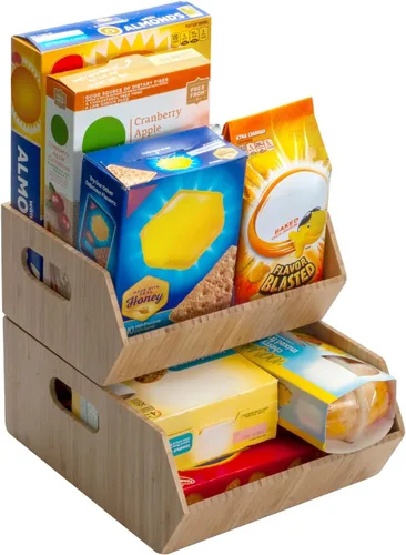 Vista 11 de MobileVision Contenedores de almacenamiento de bambú para despensa y armario de cocina, multiusos, juego apilable de 2 piezas para productos