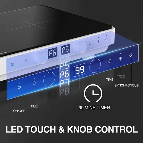 Vista 4 de Placa de inducción con 2 quemadores con sartén extraíble de hierro fundido antiadherente, sensor táctil de 1800 W, 9 niveles de potencia
