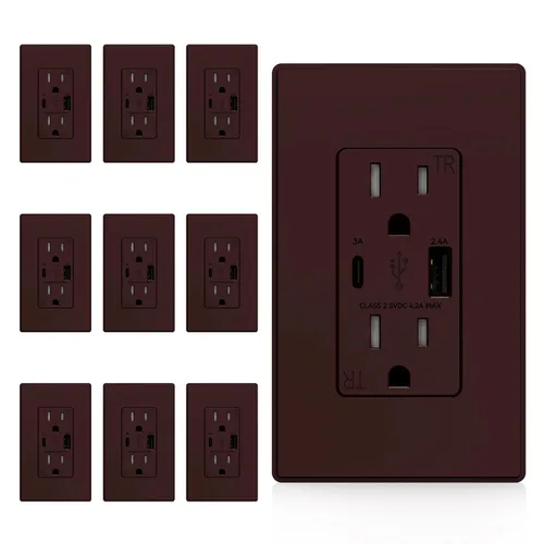 Vista 30 de ELEGRP Cargador USB de pared, receptáculo USB con puertos USB tipo A y tipo C, enchufe dúplex de 15 amperios resistente a manipulaciones NEMA 5-15R