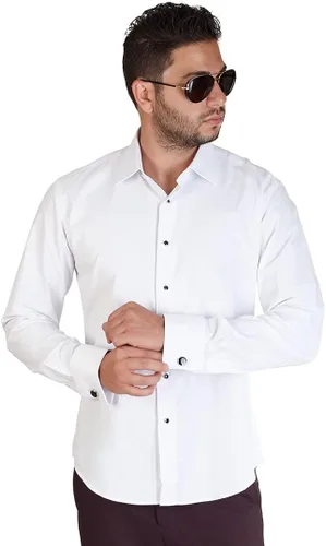Vista 3 de AZAR HOMBRE Slim Fit Lay Down camisa de vestido de esmoquin con puño francés blanco