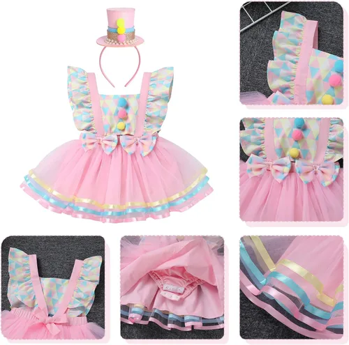Vista 6 de ODASDO Conjunto de ropa de 2 piezas para bebé niña para primer cumpleaños con encaje y tutú de tul con diadema, conjunto de ropa de 2 piezas