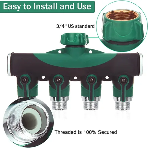 Vista 2 de Divisor de manguera de jardín de 4 vías – 3/4 pulgadas resistente de metal para grifo de agua con válvulas de cierre, conectores de manguera a