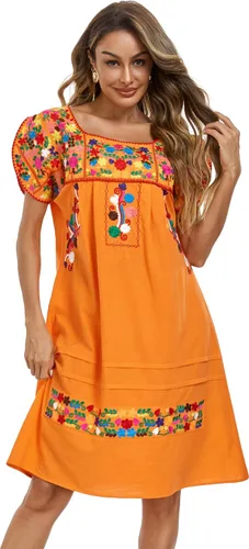 Vista 14 de YZXDORWJ Vestido bordado mexicano de manga corta para mujer 222BK