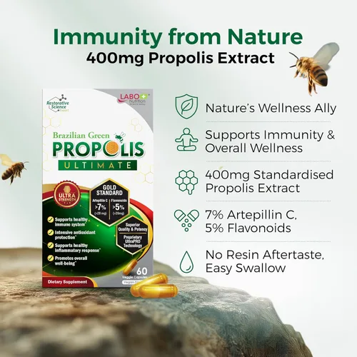 Vista 3 de LABO Nutrition Propóleos verdes brasileños Ultimate – Contiene > 7% o 28 mg por porción de Artepillina C y >5% de flavonoides, para apoyo