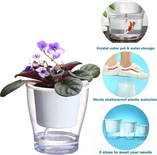 Vista 2 de 3 paquetes de macetas grandes transparentes de riego automático de 7 pulgadas, macetas de plástico de color violeta africano, macetas de plástico