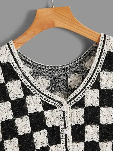 Vista 3 de Verdusa Chaleco de punto a cuadros sin mangas con cuello en V y botones para mujer