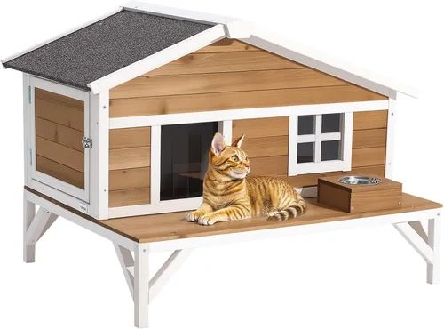 Vista 11 de VEVOR Casa para gatos al aire libre, refugio de madera para gatos de 2 pisos con escaleras y balcón, refugio elevado para gatitos, habitación