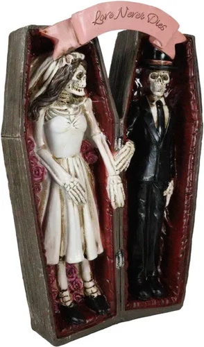 Vista 4 de Ebros Gift Love Never Dies - Figura decorativa de 10 pulgadas de alto, esqueleto de boda, pareja nupcial tomados de la mano dentro del ataúd