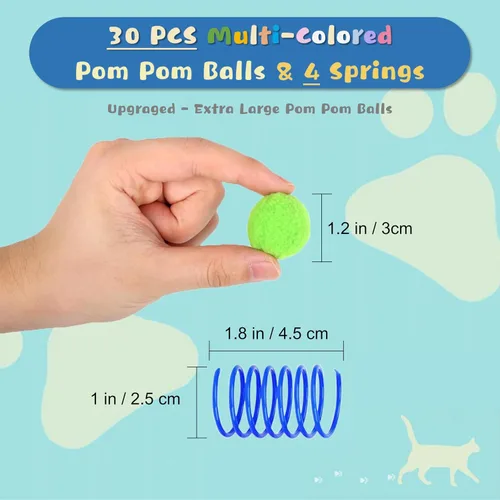 Vista 5 de 30 piezas de bolas de pompón de gato premium silenciosas, bolas de juguete de colores surtidos y suaves interactivas (3 cm), con 4 piezas de juguete