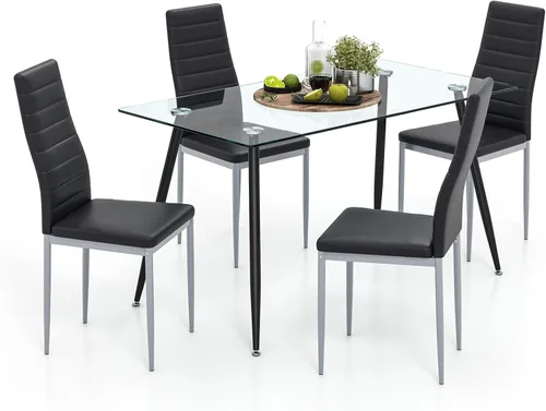 Vista 9 de Giantex Juego de mesa de comedor para 4, juego de sillas de mesa de cocina con mesa rectangular de vidrio de 51 pulgadas, 4 sillas de comedor