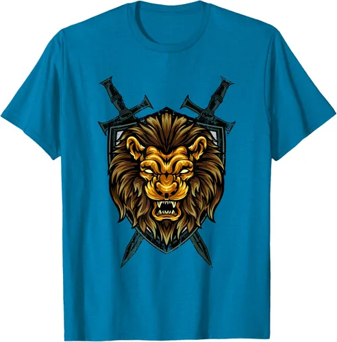Vista 56 de Camiseta con diseño de caballero medieval renacentista, con diseño de espada de león, Negro, S
