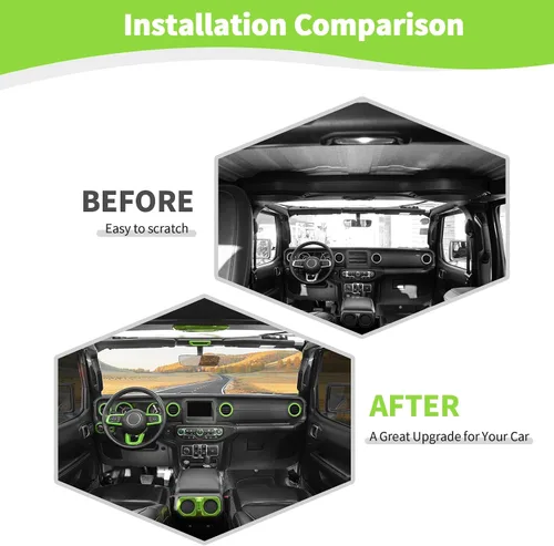 Vista 2 de RT-TCZ Kit de cubierta interior verde para Jeep JL JLU 2018-2023 Anillos de ajuste de ventilación de CA Accesorios interiores verdes 20 piezas