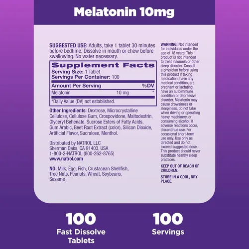 Vista 5 de Natrol Melatonina de disolución rápida de 10 mg, suplementos de melatonina para un sueño reparador, apoyo para el sueño para adultos, 100 tabletas