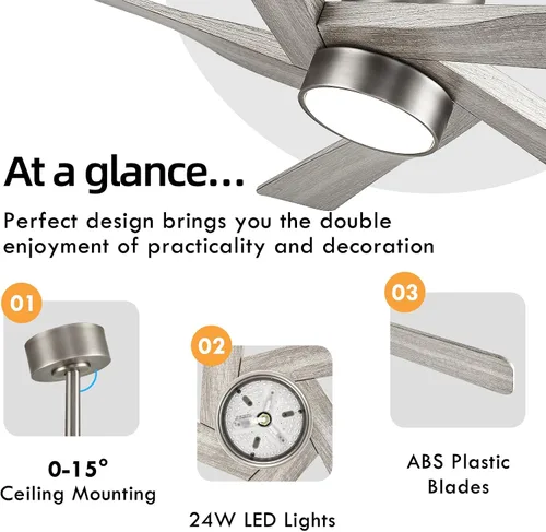Vista 5 de WINGBO Ventilador de techo ABS DC de 54 pulgadas con luces, ventilador de techo de grano de madera ABS de 5 aspas con control remoto, motor CC