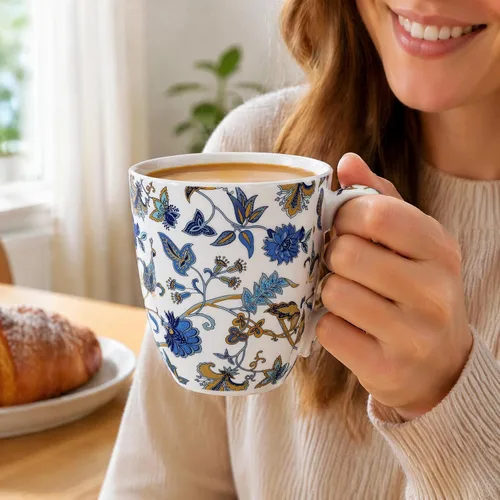 Vista 7 de Taza de café floral de porcelana de hueso de 14 onzas con asa, elegante taza de café, té, regalos de cumpleaños de Navidad para mujeres, hombres