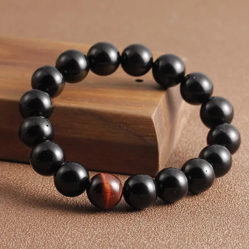 Vista 3 de Jewever Pulsera de obsidiana negra con ojo de tigre para hombre y mujer, cristal curativo elástico, cuentas de 0.472in, unisex, 7.0in