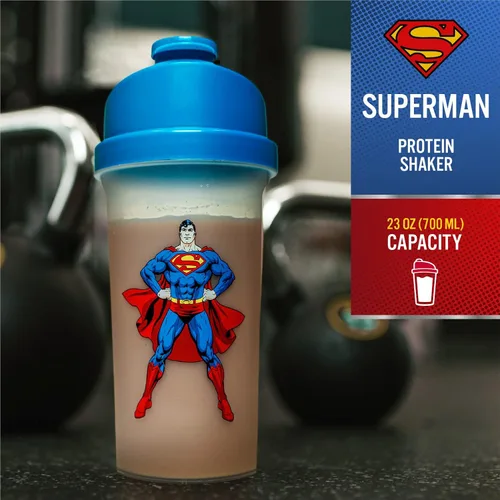 Vista 2 de Paladone Superman - Botella mezcladora de proteínas, 23 onzas, vaso mezclador DC Comics Rejilla mezcladora y bola agitadora, tiene capacidad