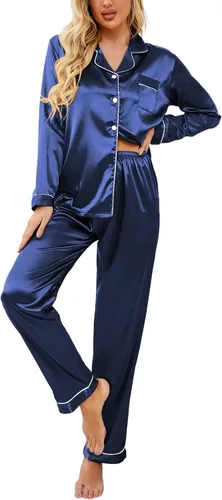 Vista 16 de Ekouaer - Conjunto de pijama de satén de seda clásico con botones para mujer, de manga larga Verde militar