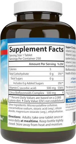 Vista 2 de Carlson - Complejo Super-C, Vitamina C + Bioflavonoides, Función Inmune y Bienestar Óptimo, Antioxidante, 250 Tabletas Vegetarianas