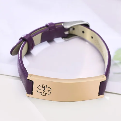 Vista 16 de MPRAINBOW Pulsera de alerta médica personalizada para mujer, correa de reloj de cuero genuino, grabado de doble cara, diabetes, epilepsia, joyería
