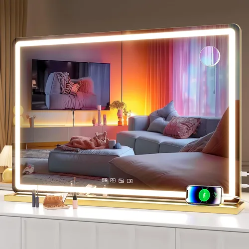 Vista 33 de Hasipu Espejo de tocador con luces, espejo LED de maquillaje de 31.5 x 22 pulgadas, espejo de maquillaje iluminado con 3 modos regulables, espejo