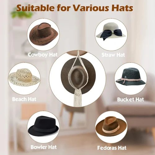 Vista 4 de Percheros para Sombreros Colgadores de Sombreros para Pared, Organizador de Sombreros Bohemio para Colgar en la Pared Exhibición de Sombreros