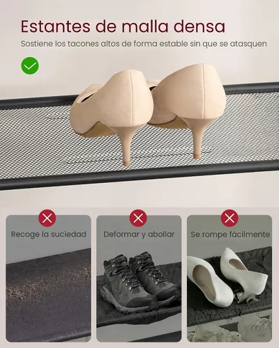 Vista 7 de VASAGLE Zapatero de 4 niveles, organizador grande de almacenamiento de zapatos para armario, entrada, 15-20 pares, con 3 estantes de malla metálica