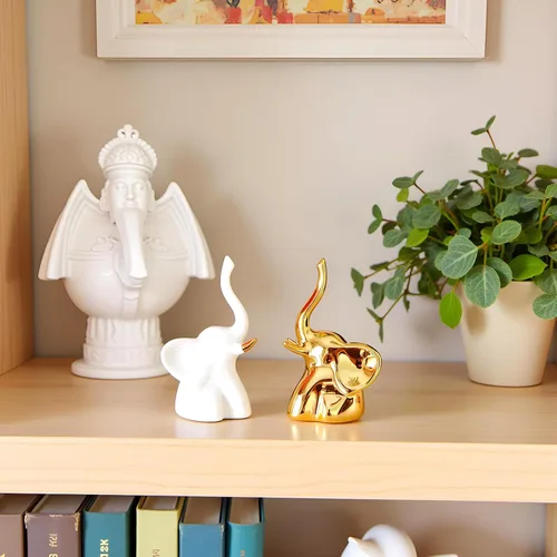 Vista 3 de Estatuas de Elefante para Decoración del Hogar, 1 Par, Pequeños Acentos Decorativos para Estantes, Sala de Estar y Dormitorio, Dorado y Blanco