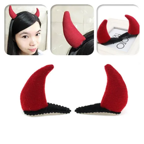 Vista 3 de Pinzas para el cabello con cuernos de diablo rojo, accesorios para el cabello para Halloween, disfraz de cosplay WJR06 (cuernos de diablo)