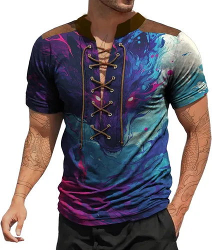 Vista 13 de Camisas de verano para hombres, básicas, de talla grande, para playa, suaves, sueltas, informales, para descansar, al aire libre, con cordón