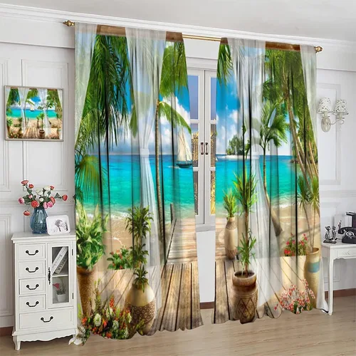 Vista 4 de Cortinas de paisaje, ventana tropical con vista al mar, océano, playa, barco, cortinas con estampado de palmeras para dormitorio, sala de estar, Mar