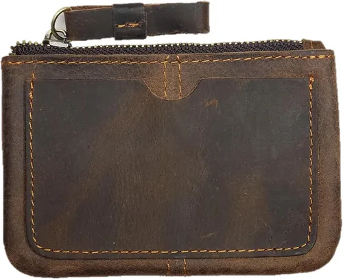 Vista 7 de Monedero de cuero genuino para mujeres y hombres, estilo vintage, cuero de grano de vacuno, delgado, minitarjetero con cremallera de metal con asa